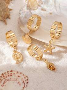 4 Pieces Set Ocean Style Gold Metal Shell, Starfish, Conch Pendant Rings Set, Suitable For Women's Everyday & Holiday Outfits