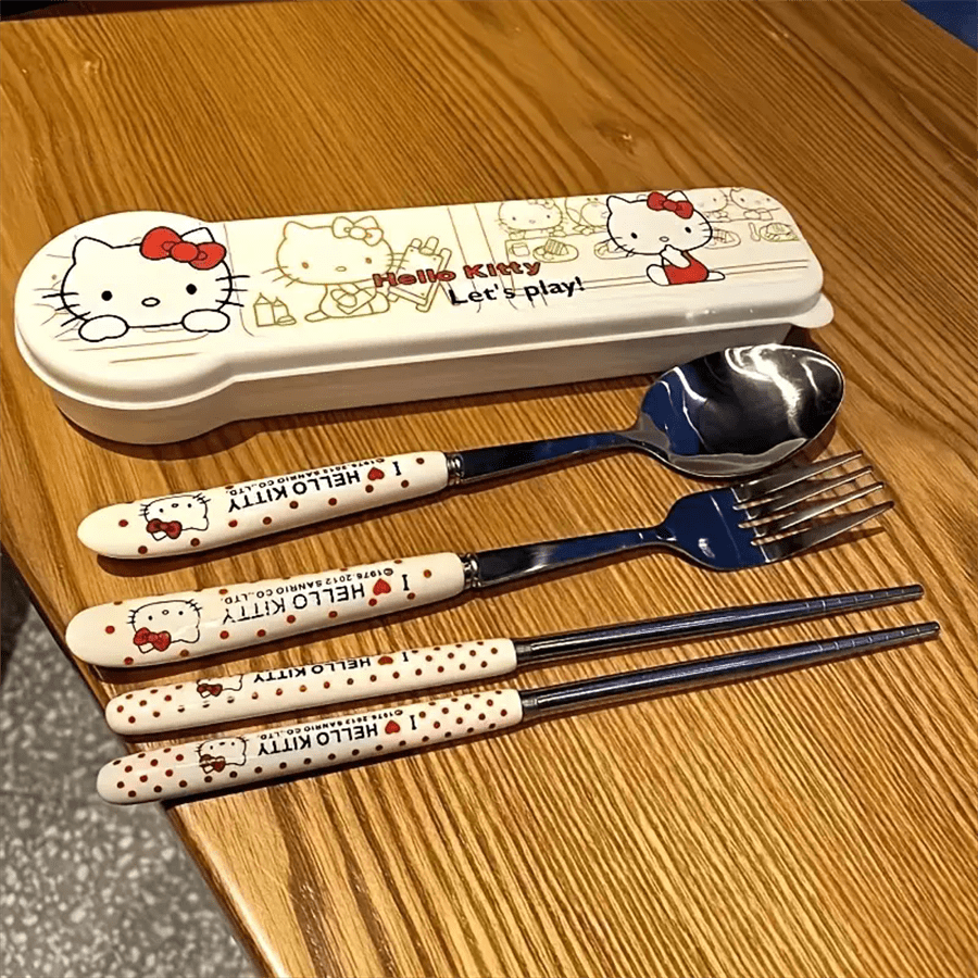 Sanrio Set de couverts en acier inoxydable Sanrio Katie, 3 pièces - Portable pour l'extérieur et le bureau - Comprend un boîtier
