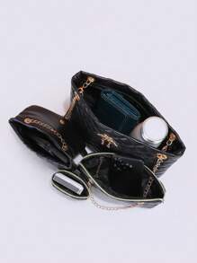 时尚黑色菱形包包套装！包括手提包和带链条的斜挎包，用途广泛，适合各种场合！ - 黑色 - 查看 3