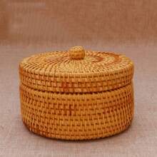 1pc 5.5*3.1 Inch Wicker Rattan Braided Round Storage Box For Snacks, Cosmetics, Jewelry, Dried Fruits, Desk Organizer