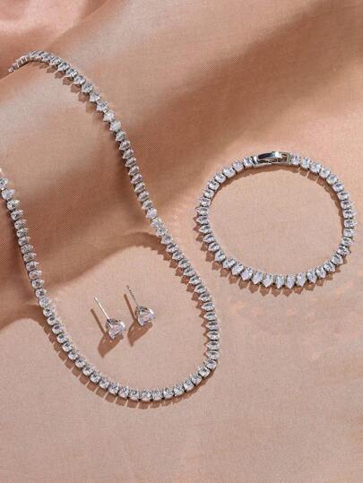 Juego de joyas de 3 piezas con circonita cúbica en color plateado, que incluye aretes de botón, pulsera tipo tenis y collar, para mujer. Ideal como regalo para novia, esposa, novia, dama de oficina en ocasiones como bodas, fiestas, vacaciones.