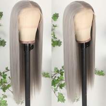 13X6 Platinum White Synthetic Lace Front Wigs 28 Inch Pre Plucked Long Straight Hair Wigs Glueless White Wigs Heat Resistant Fiber Hair Natural Halloween Wigs Platinum Blonde Lace Front Wigs For Women For Daily Christmas Party Cosplay Use - 灰色 - 查看 5
