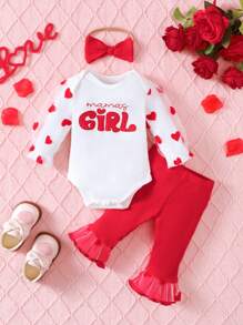 3Pcs Baby Girl Heart Print Romper Set Long Sleeve Triangle Bodysuit And Bell Bottom Pants With Bowknot Headband, Great For 0-1 Year Old Girls Spring Autumn