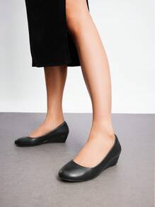 Women's Mid Wedge Heel Pumps Closed Toe Slip-On Elegant Comfortable Casual Shoes - Black - View 2