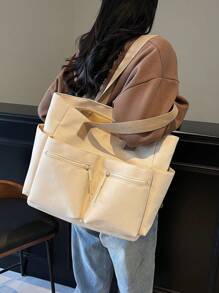 Nueva bolsa de mano de gran capacidad para ir a la escuela, versátil bolso de hombro tipo tote para estudiantes universitarios - Beis - Ver 1
