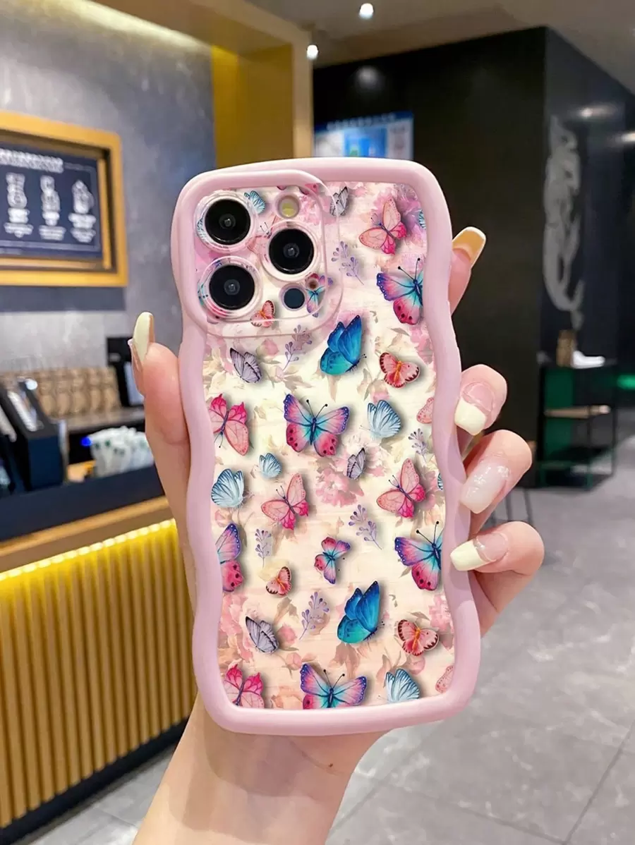 1pc Butterfly Wave Shape Anti-Fall Mobile Phone Case Compatible With IPhone/Galaxy/Infinix/Redmi/OPPO/VIVO/Itel/Tecno/MOTO - Pink - View 1