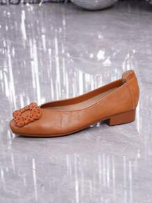 女士金属方头平底休闲度假风格纯色乐福鞋