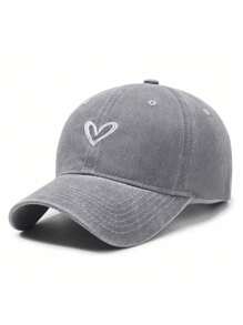 1pc Women's Heart Embroidery Distressed Retro Wash Adjustable Curved Brim Baseball Cap, Casual Style Suitable For Daily, Couple, Vacation Matching
