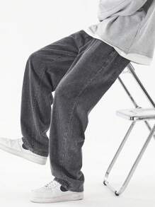 男款寬鬆牛仔運動長褲，彈性口袋，時尚筆直休閒長褲 - 黑色 - 查看 3