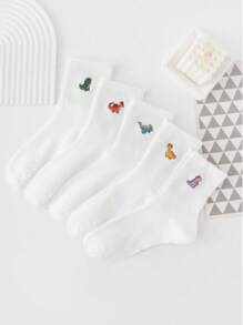 5 双女式提花恐龙中筒袜，休闲运动长筒百搭袜子，四季皆宜 - 白色 - 查看 1