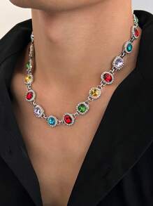1pc Punk Multi-Color Crystal Necklace, Men's Fashion Luxury Minimalist Charm Choker, Couple Necklace