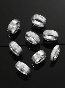 8 Pieces Fashionable Personalized Stainless Steel Copper Money With Rhinestones Horizontal Sand Elements Men's Ring Set Suitable For Daily Use With The Use Of Holiday Dating Gift Jewelry Engagement Wedding Gift - Silver - View 1