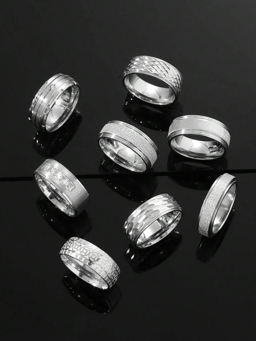8 Pieces Fashionable Personalized Stainless Steel Copper Money With Rhinestones Horizontal Sand Elements Men's Ring Set Suitable For Daily Use With The Use Of Holiday Dating Gift Jewelry Engagement Wedding Gift - Silver - View 1
