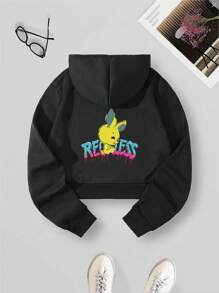 女士黑色短款连帽运动衫，卡通兔子图案，