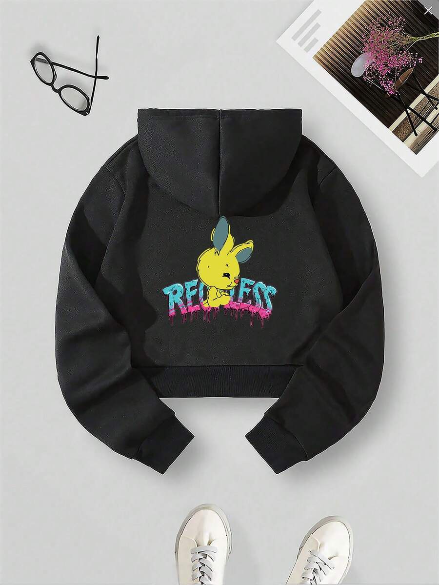 女士黑色短款连帽运动衫，卡通兔子图案，