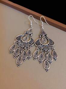 1 对波西米亚风复古银水滴吊坠流苏耳环，适合女士，复古风格，适合日常佩戴、工作、旅行、聚会、约会