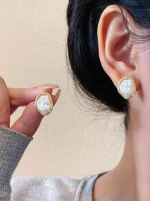 8pcs/Set Minimalist Asymmetrical Pearl, Hollow Flower Petal, Shell, Star & Round Shape Stud Earrings Set, Versatile For Women, Daily & Holiday Wear - Set F - View 6