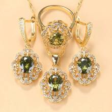 18K Gold Plated Colorful Cubic Zirconia Fashion Party Luxury Quality Wedding Bridal Elegant Jewelry Sets For Women Necklace Pendant Earrings Bracelet Ring 5-Piece Sets Gift