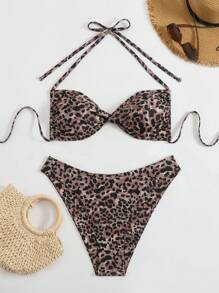 Plus Size Leopard Print Halter Sexy Textured Bikini 2Pcs Set For Beach, Pool, And Party - Rust Brown - View 1