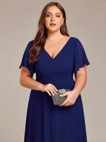 EVERPRETTY Plus Size Elegant High Low Flowing Chiffon V-Neck Ruffle Sleeves Bridesmaid Dress - Navy Blue - View 5