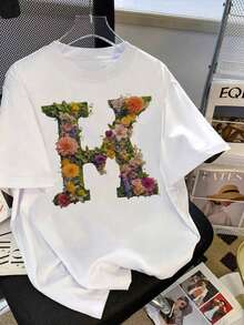 Ladies' Letter And Flower Combination Creative Pattern Loose Fashion T-Shirt - White - View 2