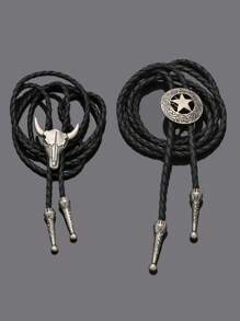 Milacolato 2Pcs Leather Tie Necktie Cow Skull Texas Ranger Star Chain For Men Rodeo Bolo Tie Necktie - 2Pcs - View 5