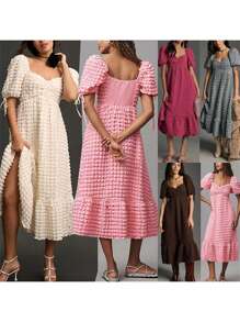 Women's Puff Sleeve Midi Dress Bubble Textured Smocked Sweetheart Neck Ruffled Flowy Dress - Hot Pink - View 2