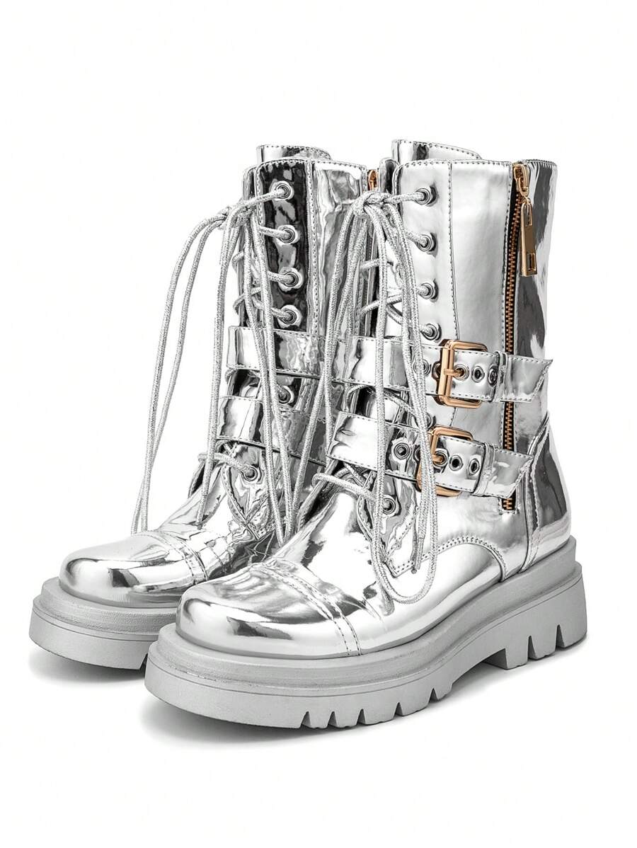 Women's Metallic Mid Calf Boots Platform Chunky Heel Silver Combat Boots Lace Up Metal Buckle Zipper - 銀色 - 查看 1