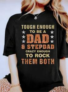 Step-Dad And Dad Fathers Day Christmas Funny Father Step Dad T-Shirt- Short Sleeve, Casual, Breathable, Comfortable, Summer & Spring Essential - Women's Clothing Printed Graphic Tee For  T-Shirt Lovers - Black - View 1