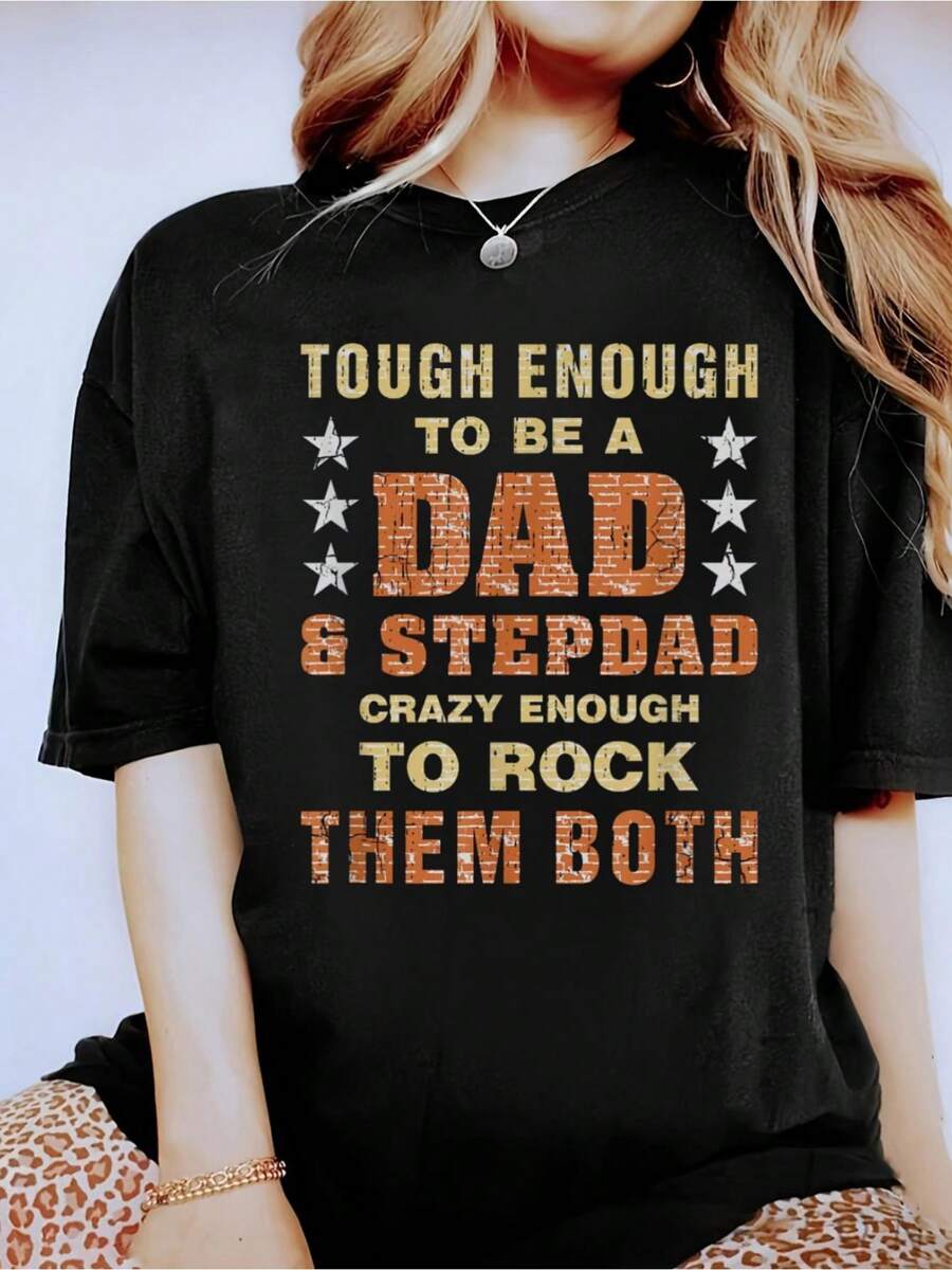 Step-Dad And Dad Fathers Day Christmas Funny Father Step Dad T-Shirt- Short Sleeve, Casual, Breathable, Comfortable, Summer & Spring Essential - Women's Clothing Printed Graphic Tee For  T-Shirt Lovers - Black - View 1