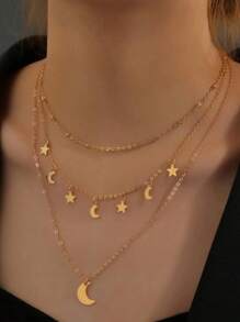 1pc Minimalist Star Moon Pendant Multilayer Necklace - Gold - View 1