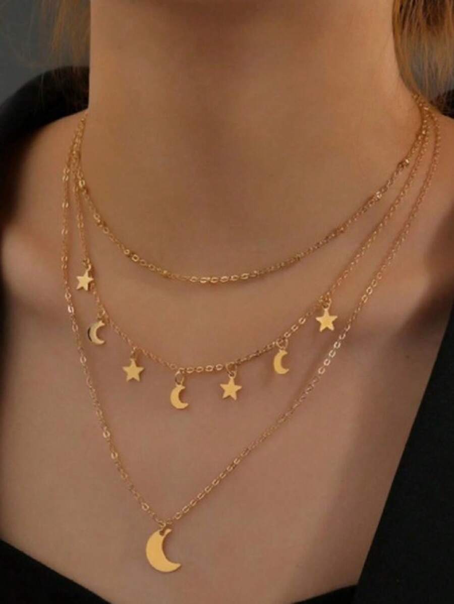 1pc Minimalist Star Moon Pendant Multilayer Necklace - Gold - View 1