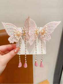 2 piezas Clip de pelo de mujer elegante y dulce con ala de mariposa, clip lateral con borla de perla falsa