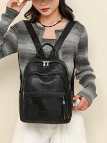 高品质柔软皮革复古女士背包，大容量旅行背包 - 黑色 - 查看 7