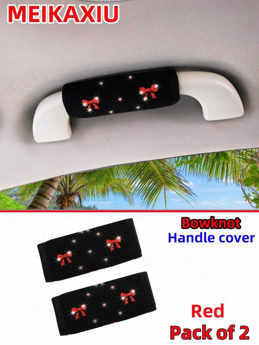 MEIKAXIU 2pcs Bowknot Bling Bling Fabric Soft Breathable Car Grab Handle Protective Cover, Universal Car Interior Accessories - Butterfly - View 1