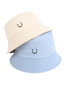 2pcs Women Smiling Face Embroidery Versatile Bucket Hats, Adjustable Festival Couples Casual Sports Hat For Cycling, Sightseeing, Travel, Streetwear, Party
