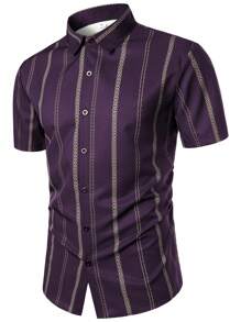 Men's Summer Geometric Stripes Light Business Fashion Casual Turn-Down Collar Short Sleeve Shirt.