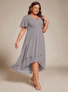 Plus Size Women Chiffon Ruffle Hem Solid Color Elegant High-Low Bridesmaid Dress - Light Grey - View 5