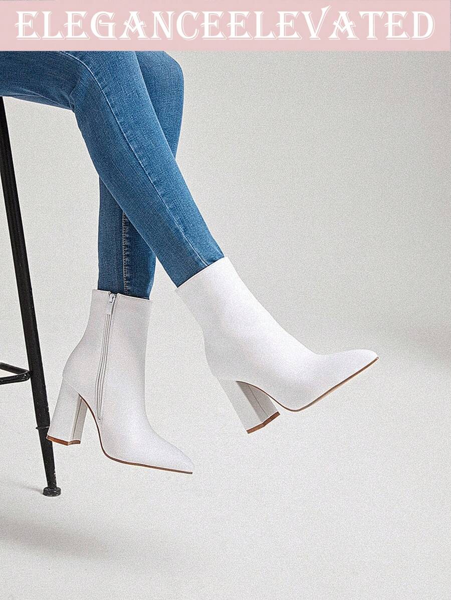 2025 年秋冬女装时尚白色踝靴，时尚休闲简约百搭性感街头时尚侧拉链粗高跟鞋尖头浅口高跟鞋踝靴及膝靴，完美搭配黑色连衣裙 - 白色 - 查看 1