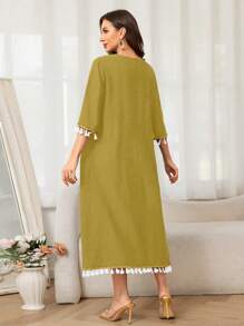 女士夏季休闲复古简约流苏袖长裙 - 黃色 - 查看 2