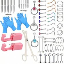 Professional Body Piercing Kit, Including Piercing Jewelry For Tongue, Abdomen, Nose, Lips, Ears, Eyebrow Studs, Lip Studs, Nose Rings. Piercing Needles, Clips, Tweezers, Suitable For Daily And Party Wear, All-Year-Round Use Jewelry Holiday Gifts - Pink Ear Piercing - View 1