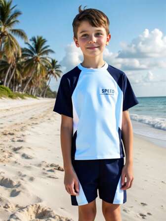 New Kids Swimming Trunks, Boys Short Sleeve & Shorts 2 Pieces Swimsuit Set