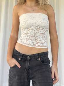 Women Lace Tube Tops Slim Floral See Through Off Shoulder Sleeveless Backless Crop Shirts Summer Streetwear - trắng - Xem 4