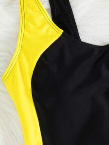 Women's Contrast Color Patchwork Sleeveless One-Piece Swimsuit, Suitable For Beach Resort - Yellow - View 5