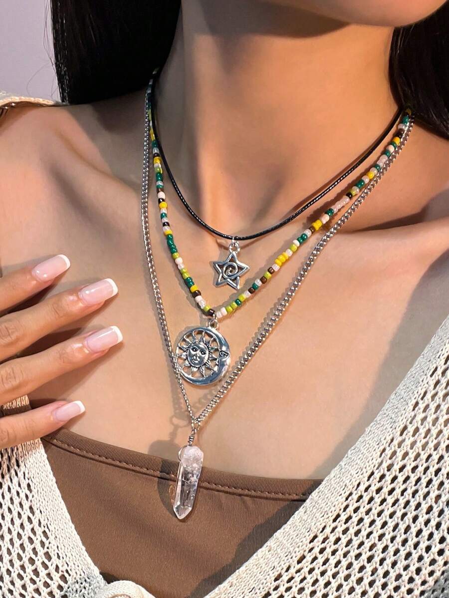 3pcs/Set Vintage Bohemian & Hippie Style Asymmetrical Crystal Pendant & Bead Necklace, Women Daily & Vacation Decorative Jewelry Set (Crystal Shape & Size May Vary)