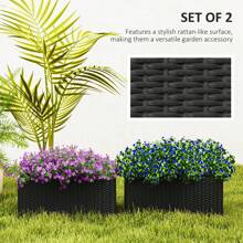 Outsunny Set Of 2 Hanging Flower Boxes, 50 Cm Long, Rattan Look Flower Pot With Drainage Holes And Hooks, Railing Box For Fence Balcony Garden - Black - View 4