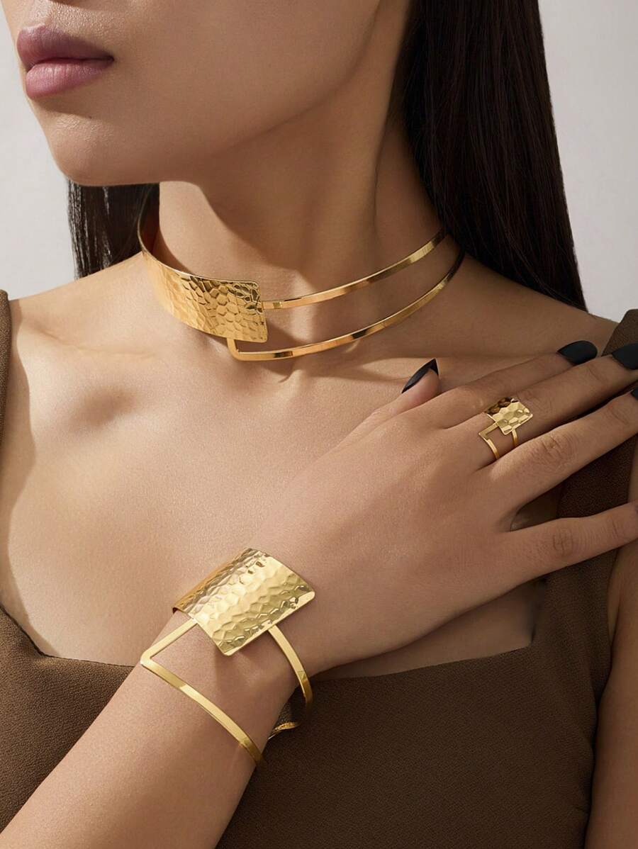 1 Set Of 3 Pcs Luxury Bohemian Necklace, Bracelet, Ring Stainless Steel Jewelry Set, Fashion Versatile High-End Jewelry Suitable For Women, Couples, Banquet, Party, Daily Wear - Yellow Gold - View 1