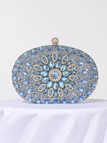 闪闪发光的奢华水钻装饰手提包，小手拿包，优雅适合晚礼服、婚礼、派对，配有金属链，时尚女士手提包，新娘钱包 - 淺藍色 - 查看 3