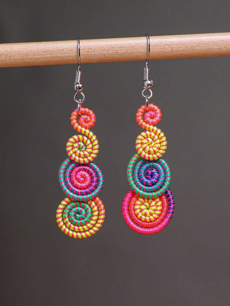 1 对复古风格螺旋环绕彩虹色随机耳环