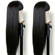 Natural Black Striaight Human Hair Wig With Bangs Human Hair 4x4 Closure Wig With Bangs Straight Glueless Long Wig With Bangs Lace Closure Wigs For Women Virgin Brazilian Human Hair Natural Black - Natural Black - 查看 4